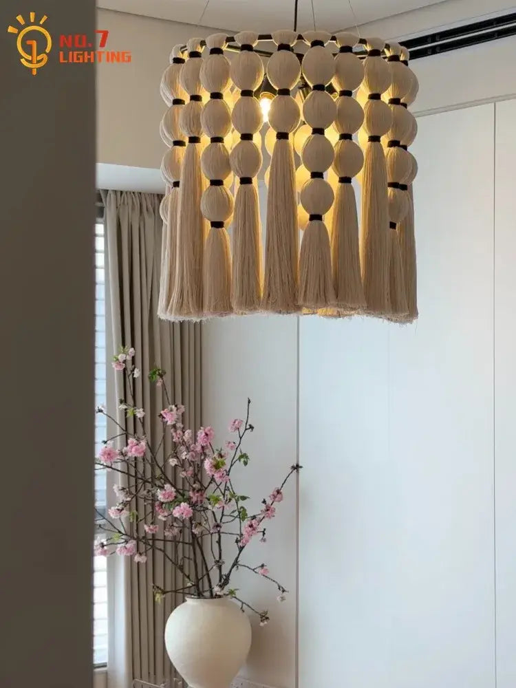 Beige macramé bohemian tassel pendant led light with spherical beads and warm glow for bedroom decorbites decor