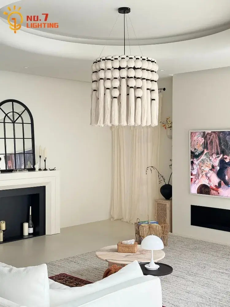 White bead bohemian tassel pendant led light with beige macrame and tassel elements for bedroom decorbites decor