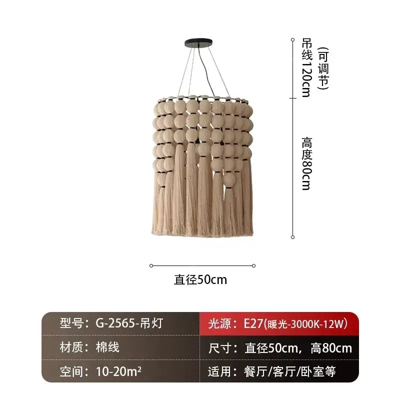Beige woven bohemian tassel pendant led light with tiered wooden beads and tassels featuring adjustable hanging cords decorbites