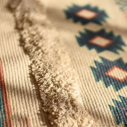 Beige corduroy bohemian tassel rug with plush fuzzy lining and teal rust geometric patterns by decorbites bohemian