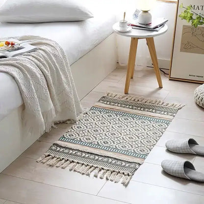Bohemian tassel rug beige and rust woven geometric pattern with decorative fringe by decorbites bohemian decorbites bohemian tassel