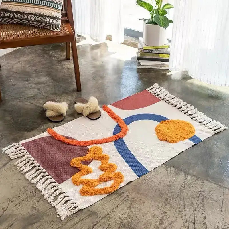 Colorful decorbites bohemian tassel rug with beige rust geometric patterns and fringed edges for living room decor