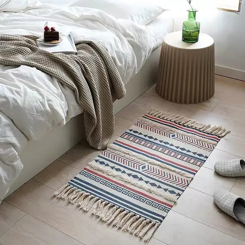 Rectangular decorbites bohemian tassel rug with navy red cream geometric patterns and fringed edges for living room decor