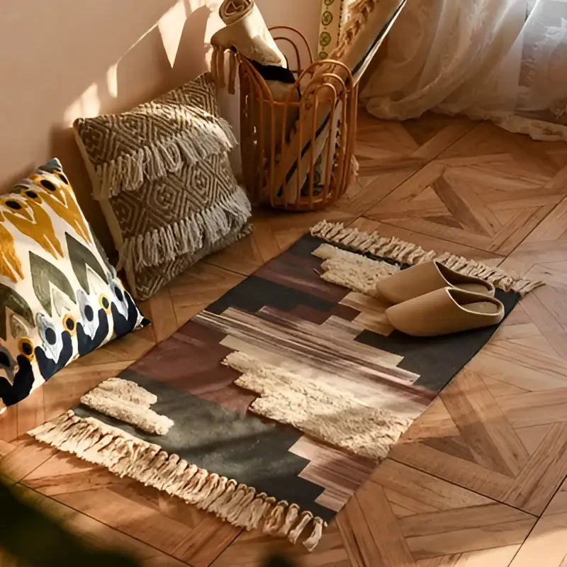 Rectangular decorbites bohemian tassel rug with beige and rust geometric pattern and cream fringe for living room decor