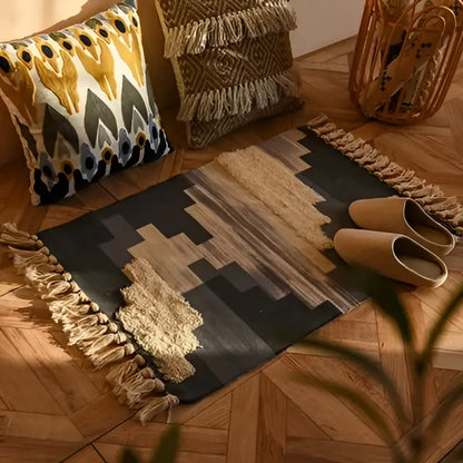 Black and beige geometric bohemian tassel rug with fringed edges for living room decor by decorbites bohemian tassel