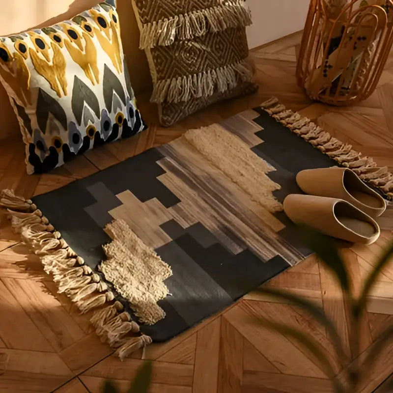 Black and beige geometric bohemian tassel rug with fringed edges for living room decor by decorbites bohemian tassel