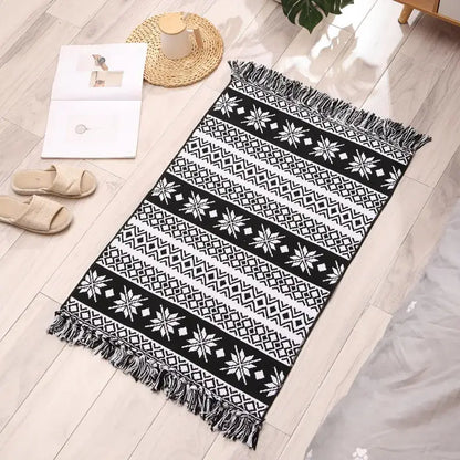 Black and white decorbites bohemian tassel rug with geometric patterns and fringe for living room decor