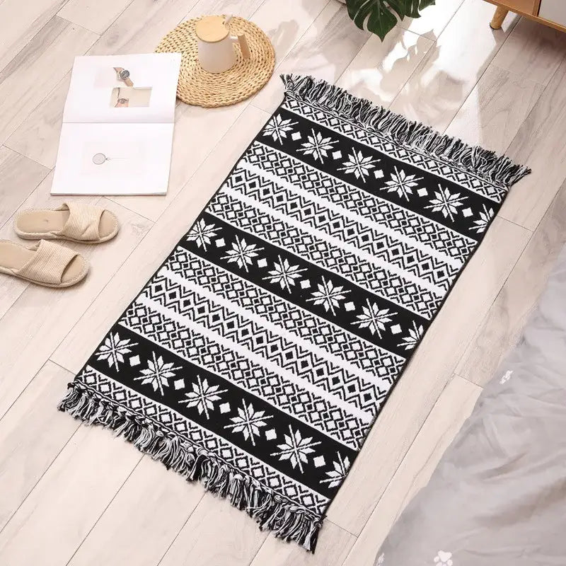 Black and white decorbites bohemian tassel rug with geometric patterns and fringe for living room decor