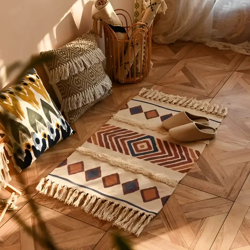Beige woven decorbites bohemian tassel rug with brown blue cream geometric patterns and fringed edges for living room