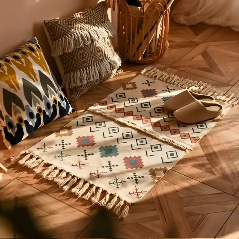 Beige woven bohemian tassel rug with rust geometric patterns and tassels for living room decor by decorbites bohemian