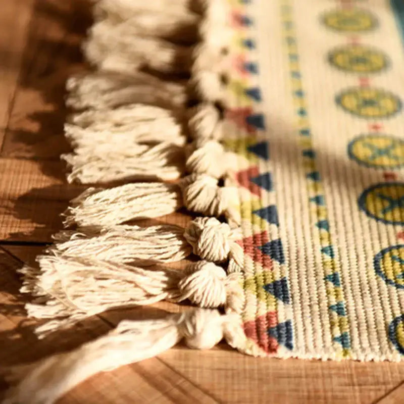 Beige woven bohemian tassel rug with colorful geometric patterns and cream tassels for living room decorbites bohemian