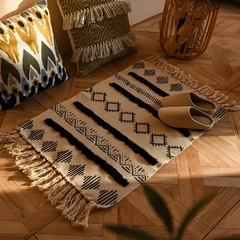 Beige woven decorbites bohemian tassel rug with black geometric patterns and fringed edges for living room decor