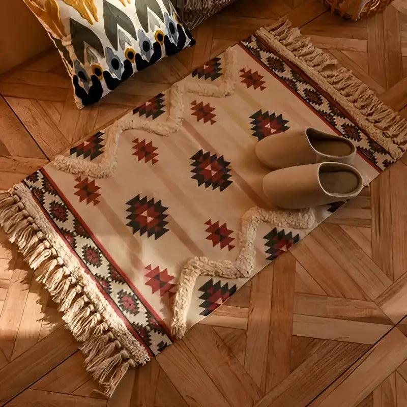 Beige woven bohemian tassel rug with red and black geometric patterns and fringed edges by decorbites bohemian