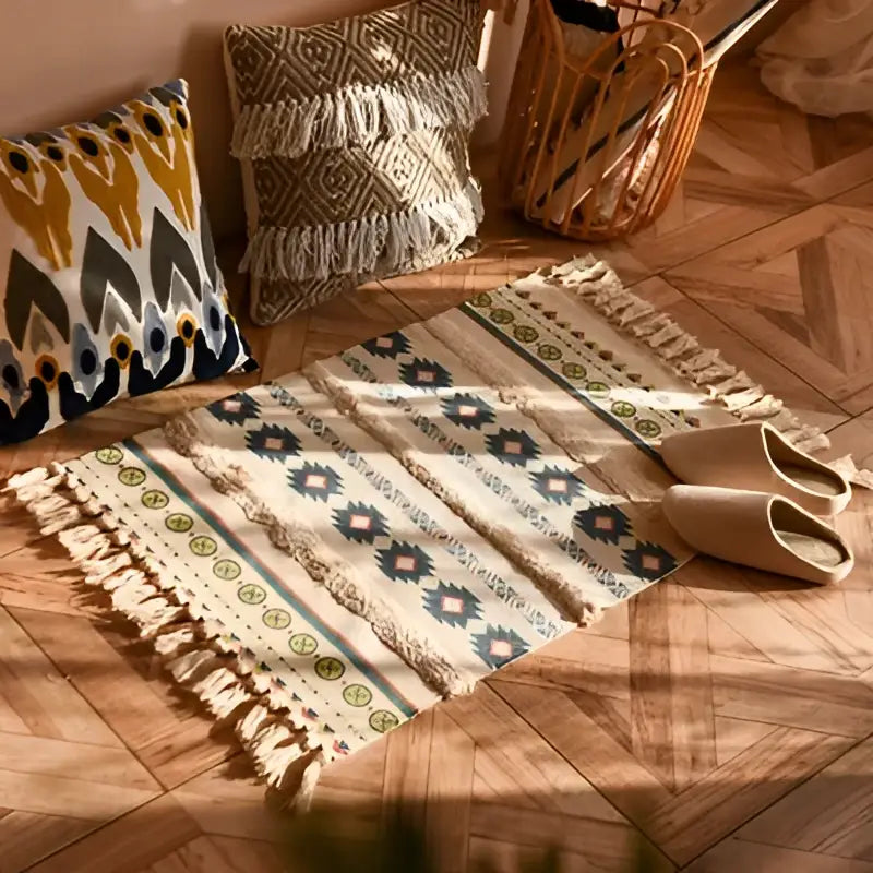 Beige woven bohemian tassel rug with rust geometric patterns and fringed edges for living room decorbites bohemian tassel