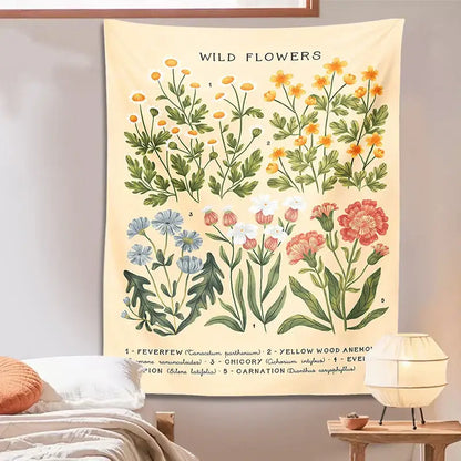Beige wall hanging tapestry with illustrated yellow blue pink and white wildflowers and green foliage botanical wildflower reference chart for bedroom decorbites botanical wildflower