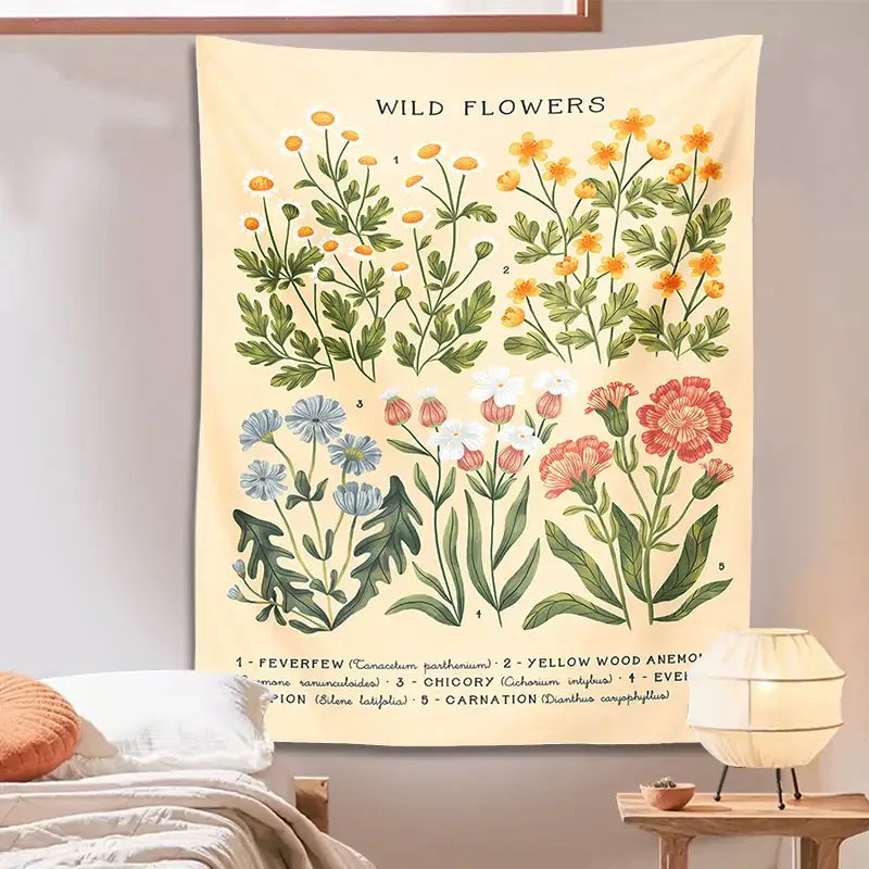 Beige wall hanging tapestry with illustrated yellow blue pink and white wildflowers and green foliage botanical wildflower reference chart for bedroom decorbites botanical wildflower