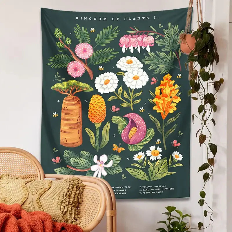 Bohemian teal botanical wildflower reference chart bedroom wall hanging with dark green tapestry and vibrant labeled plants
