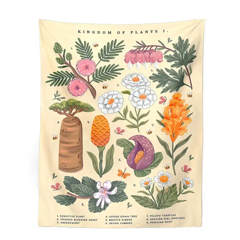 Beige bohemian teal botanical wildflower wall hanging featuring a botanical wildflower reference chart with detailed foliage