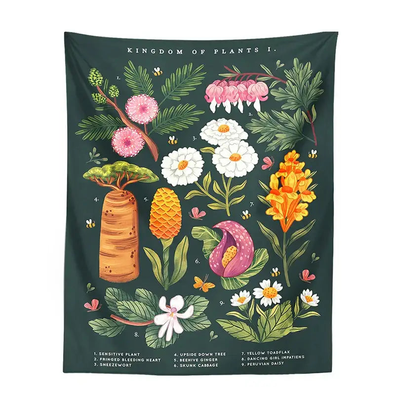 Bohemian teal botanical wildflower reference chart tapestry with dark green background and vibrant floral illustrations for decorbites decor