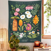 Bohemian teal botanical wildflower reference chart bedroom wall hanging with dark green tapestry and illustrated pink white yellow flowers