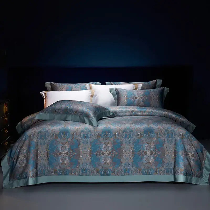 Luxurious bohemian style bedding set featuring teal and silver damask-patterned egyptian cotton decorbites collection