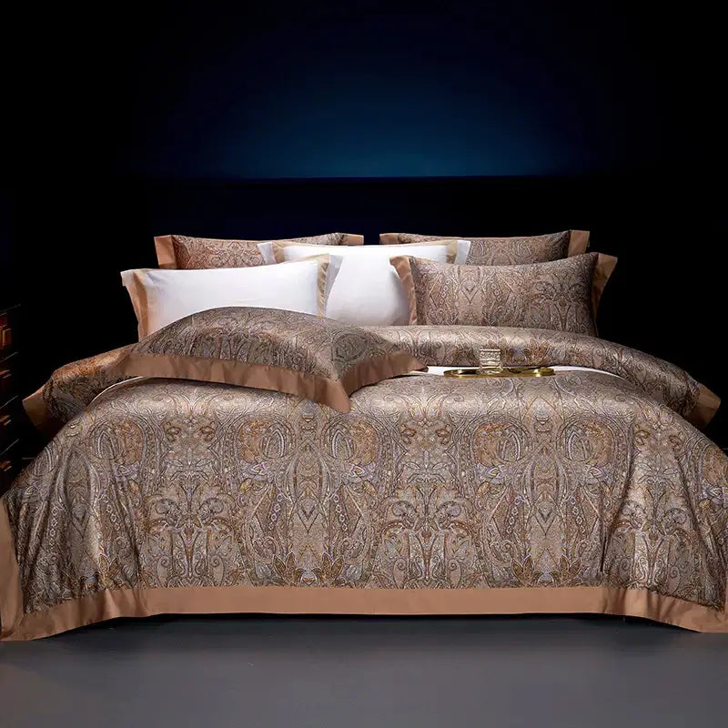 Luxurious gold and beige paisley-patterned satin bedding set with matching pillowcases in decorbites bohemian style egyptian cotton