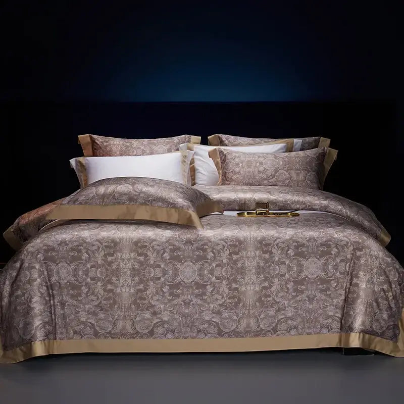 Luxurious taupe and gold damask egyptian cotton bedding set with satin trim for decorbites bohemian style bedroom decor