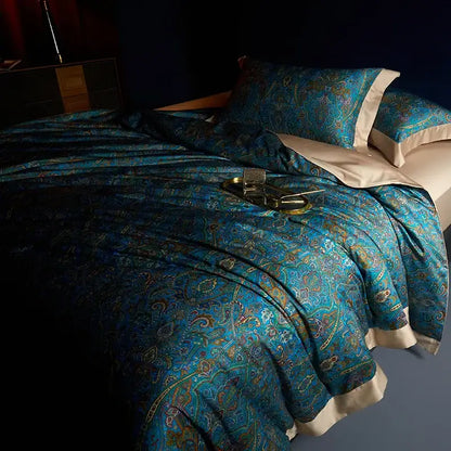 Luxurious teal paisley egyptian cotton bedding set with cream satin trim and pillowcases bohemian style by decorbites