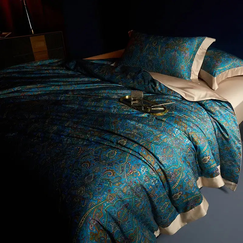 Luxurious teal paisley egyptian cotton bedding set with cream satin trim and pillowcases bohemian style by decorbites