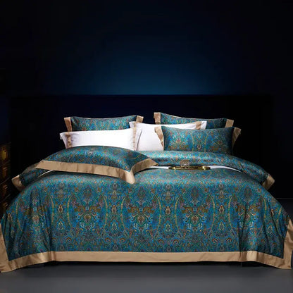 Luxurious bohemian style teal and gold paisley bedding set made of egyptian cotton with satin trim by decorbites