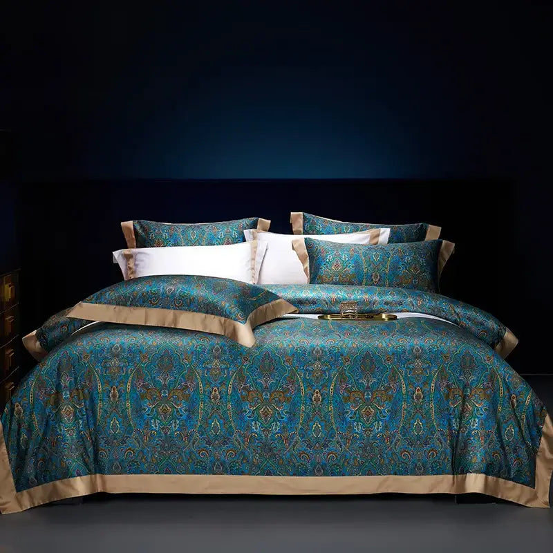 Luxurious bohemian style teal and gold paisley bedding set made of egyptian cotton with satin trim by decorbites