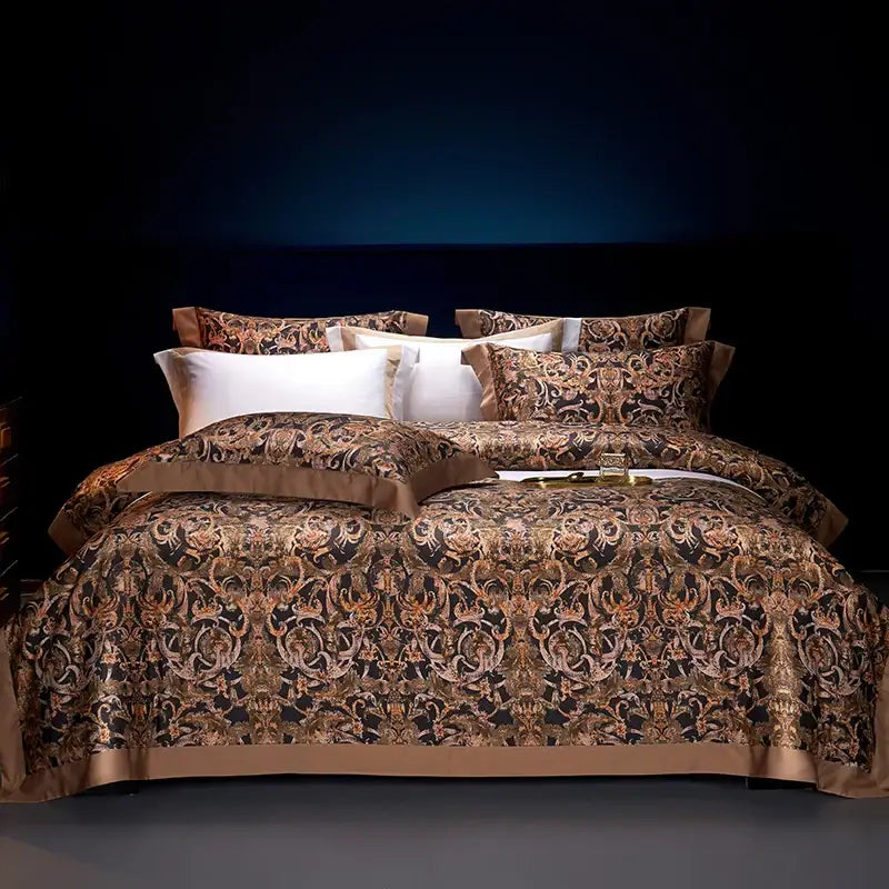 Luxurious black and gold damask bedding set with satin trim in decorbites bohemian style egyptian cotton collection