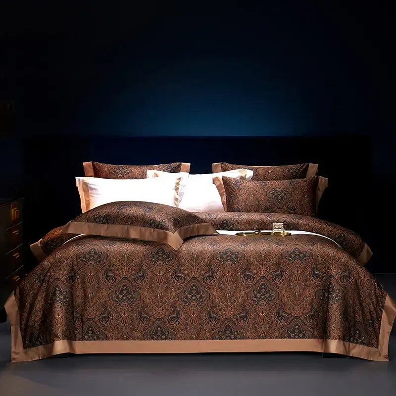 Brown and gold paisley-patterned satin bedspread with matching pillowcases in decorbites bohemian style egyptian cotton bedding set