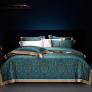 Bohemian teal and gold paisley bedding set with satin trim made of egyptian cotton by decorbites bohemian style