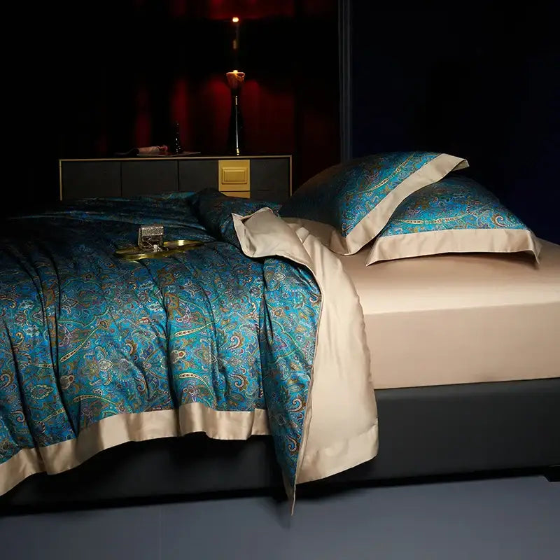 Blue paisley-patterned satin duvet cover with cream piping in egyptian cotton bedding set decorbites bohemian style