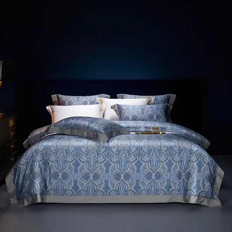 Blue patterned satin bedding set with silver trim made of egyptian cotton in decorbites bohemian style design