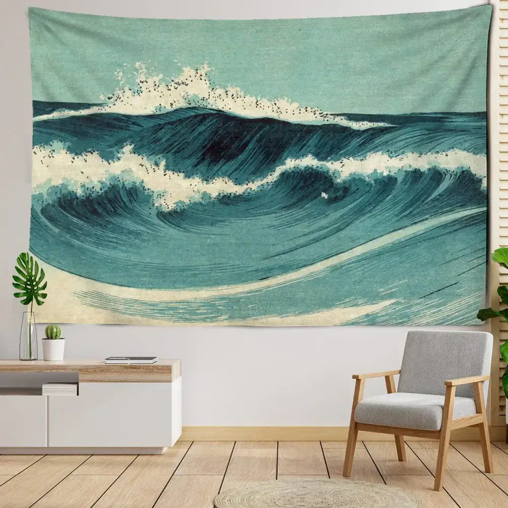 Bohemian teal and white blue wave oil painting tapestry featuring decorbites blue wave design for bedroom decor