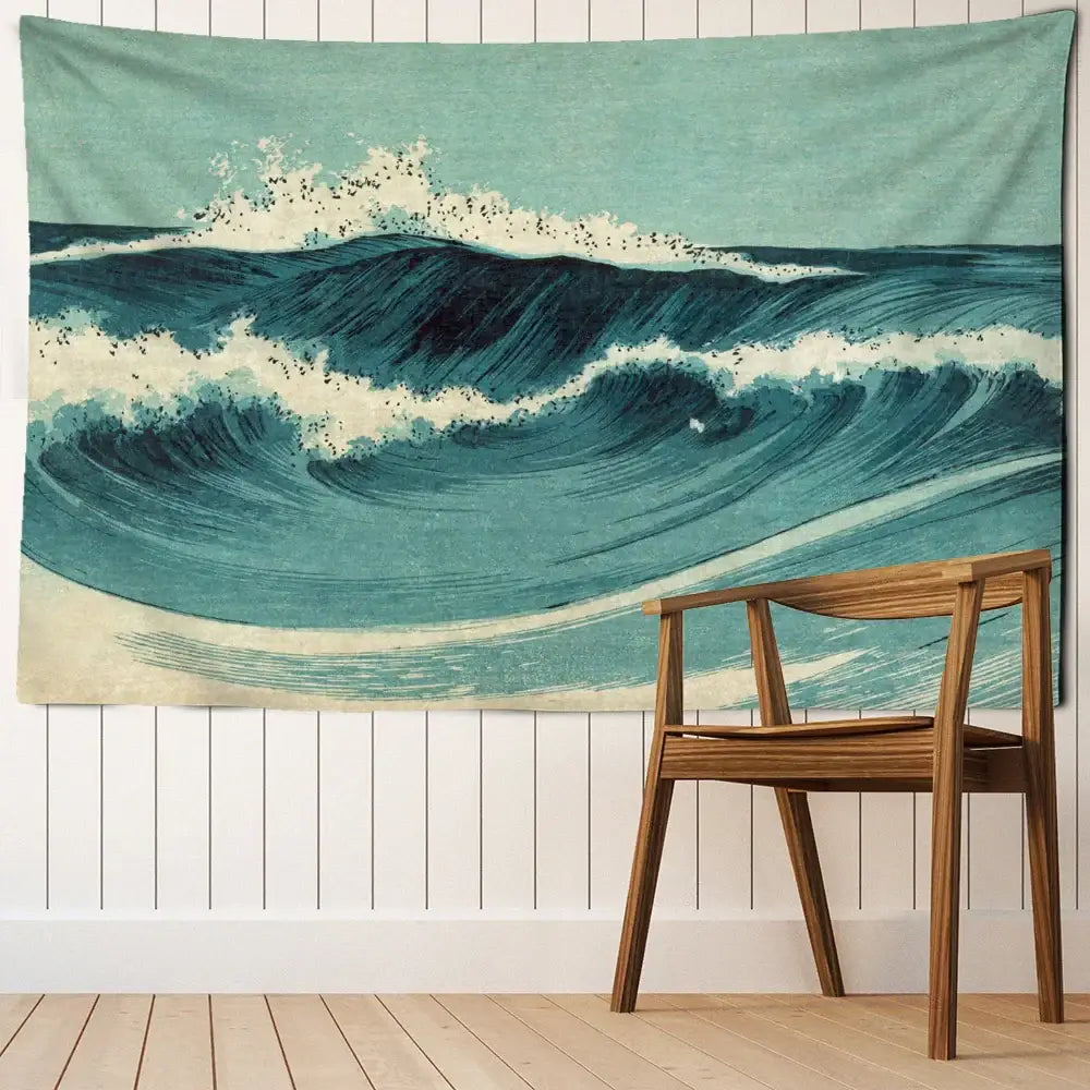 Bohemian teal and white blue wave oil painting tapestry hanging above wooden chair for bedroom decorbites blue wave decor