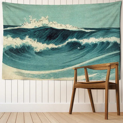 Bohemian teal and white blue wave oil painting tapestry hanging above wooden chair for bedroom decorbites blue wave decor