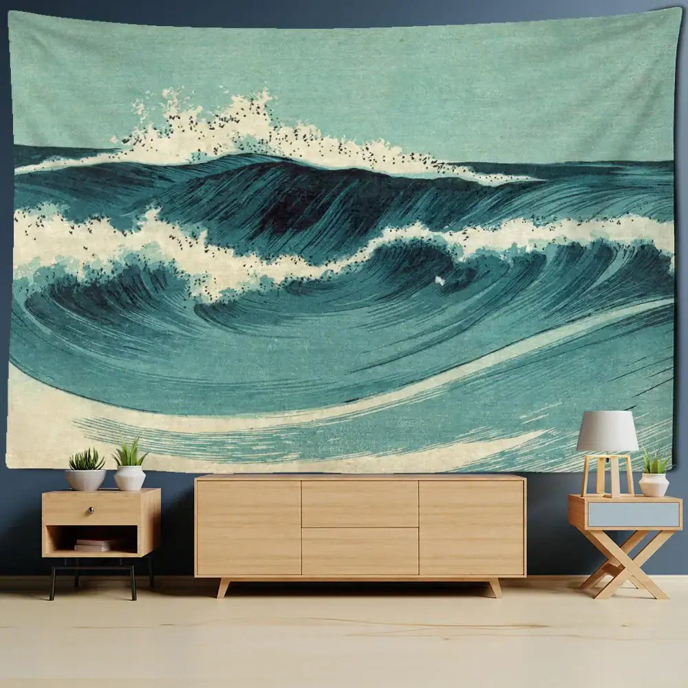 Bohemian teal and white blue wave oil painting tapestry hanging above wooden console table for bedroom decorbites blue wave decor