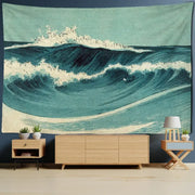 Bohemian teal and white blue wave oil painting tapestry hanging above wooden console table for bedroom decorbites blue wave decor