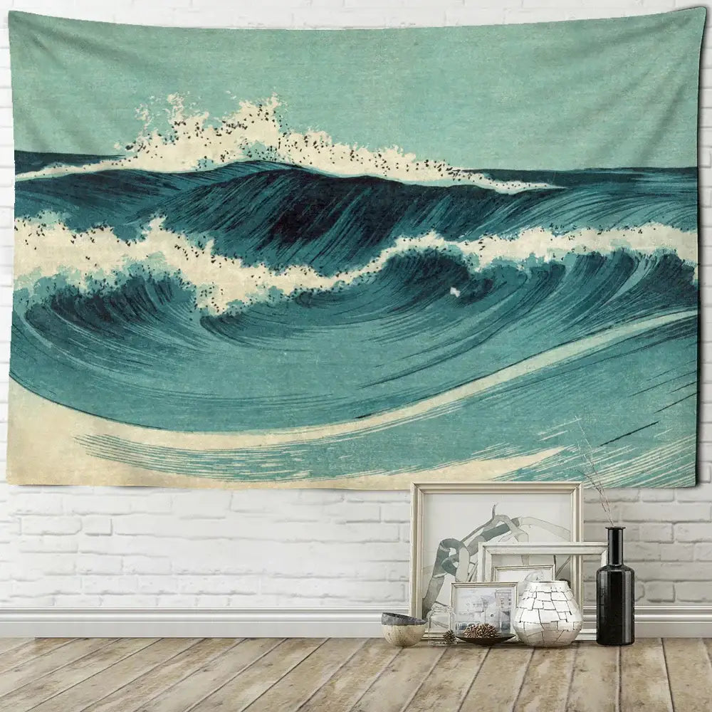 A teal and cream blue wave oil painting tapestry hanging on a white brick wall for bohemian bedroom decorbites decor