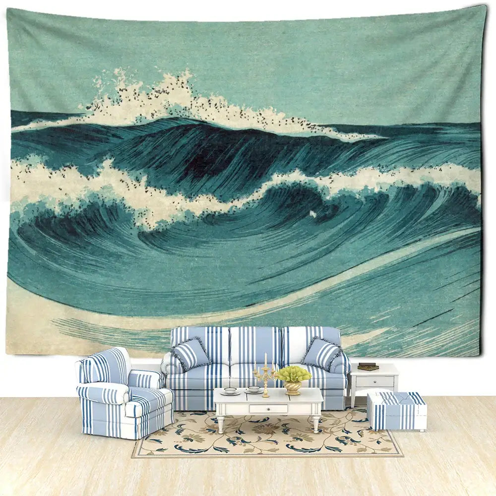 Bohemian teal and cream wave oil painting tapestry featuring decorbites blue wave design for bedroom decor