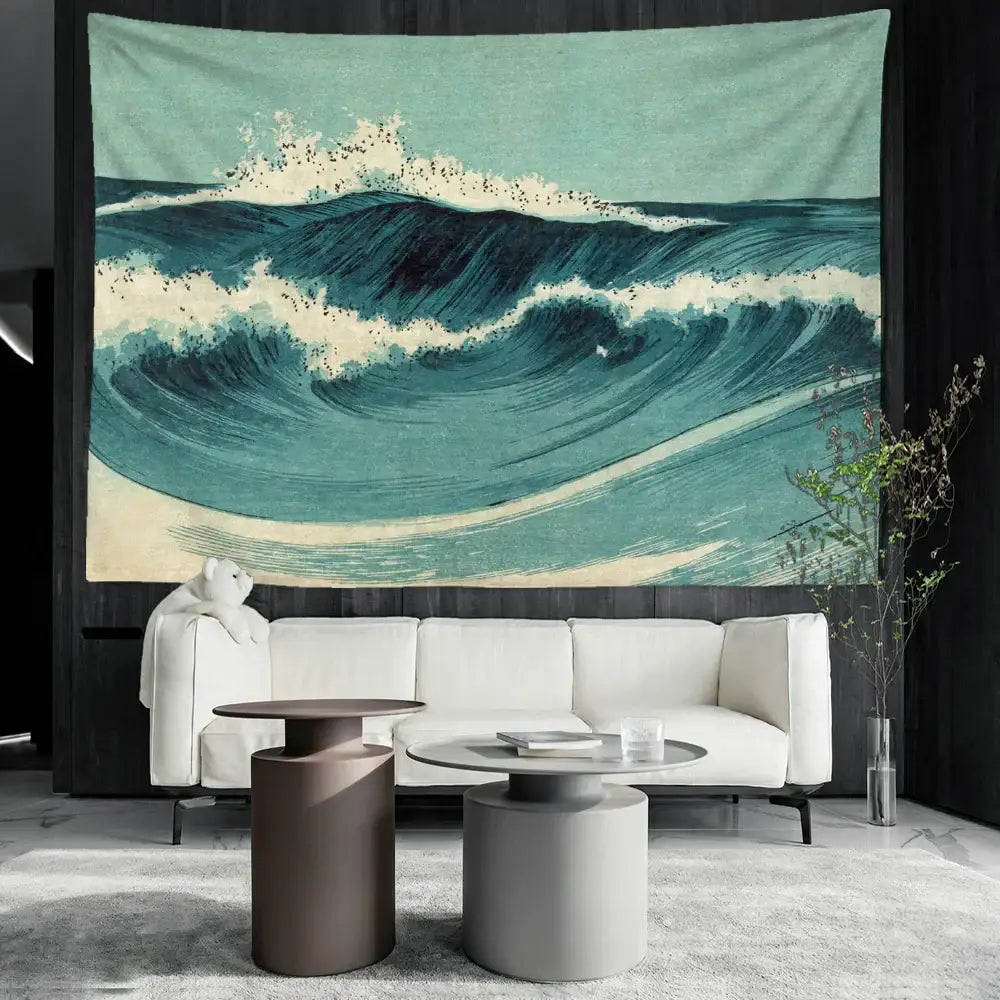 Bohemian teal and white blue wave oil painting tapestry decorbites blue wave bedroom wall decor hanging on dark wall
