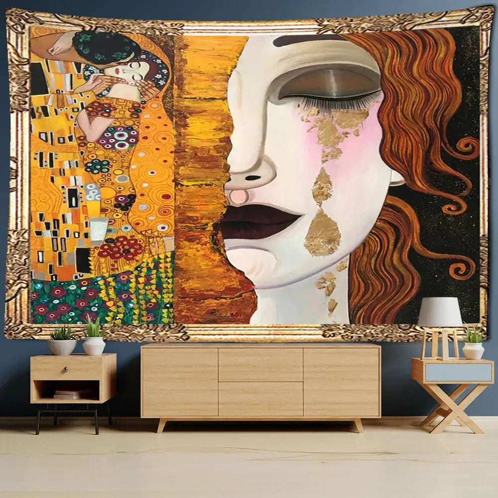 Bohemian thai style half face tapestry featuring klimts the kiss and stylized woman with golden tears for wall decorbites decor