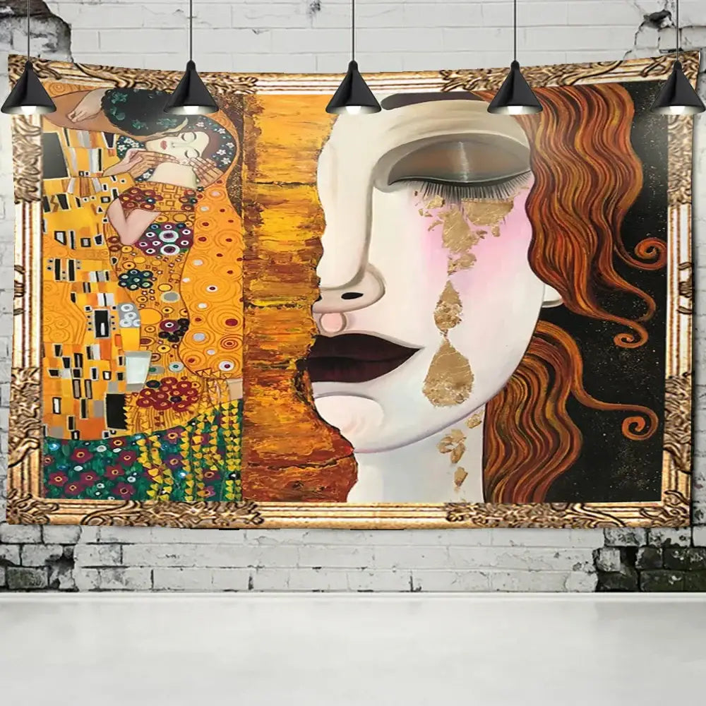 Bohemian thai style half face tapestry featuring gustav klimts the kiss and a woman with golden tears wall decorbites