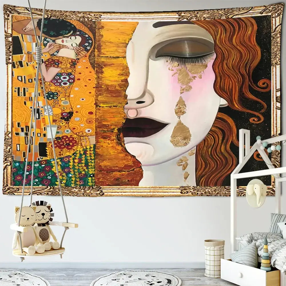 Bohemian thai style half face tapestry wall art featuring gustav klimts the kiss and gold leaf tears decorbites bohemian thai decor