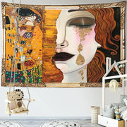 Bohemian thai style half face tapestry wall art featuring gustav klimts the kiss and gold leaf tears decorbites bohemian thai decor