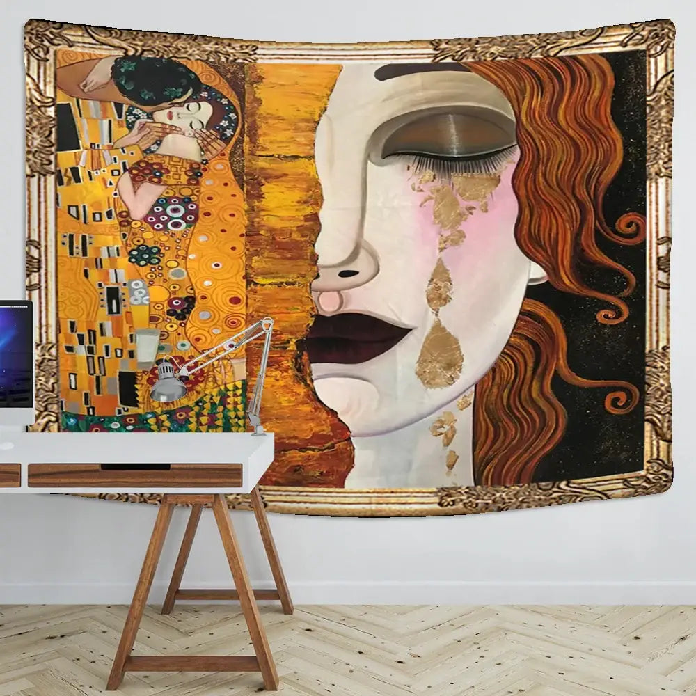 Bohemian thai style half face wall tapestry decorbites featuring klimt the kiss and golden tears art with ornate gold frame