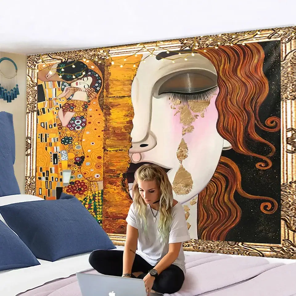 Gold-framed decorbites bohemian thai half face tapestry with red hair and kissing couple for living room wall art
